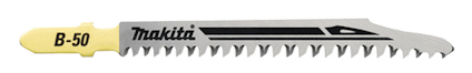 Sticksågblad med gul och svart märkning, visande texten "Makita" och "B-50", med en tandad skäregg.
