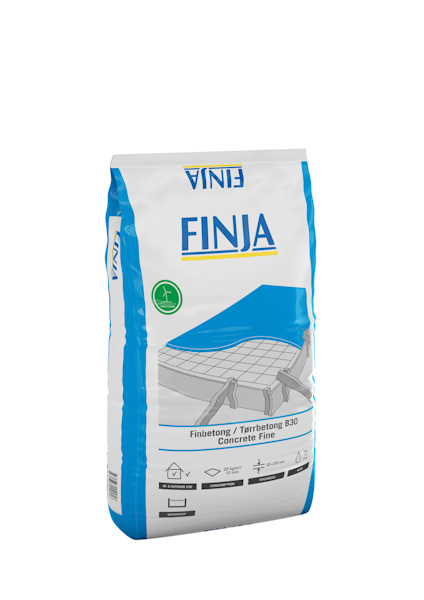 Vit och blå förpackning med texten "FINJA" och en illustration av betong.
