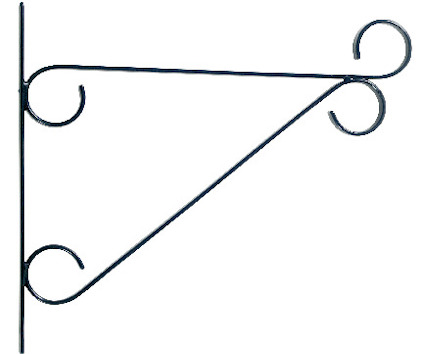 Svart metallväggkonsol med tre dekorativa böjda krokar i triangelform.
