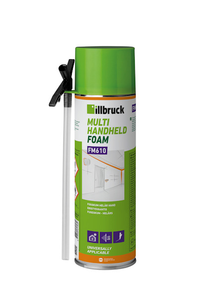 Sprayburk illbruck Multi Handheld Foam FM610 med grön lock och etikett som visar produktinformation och användningsinstruktioner.