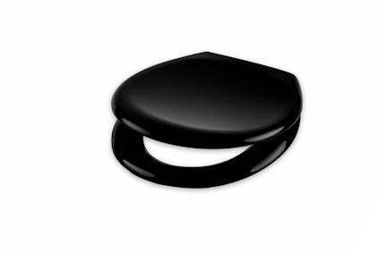 Svart toalettlock och sits i plast med rundad form och slät yta.