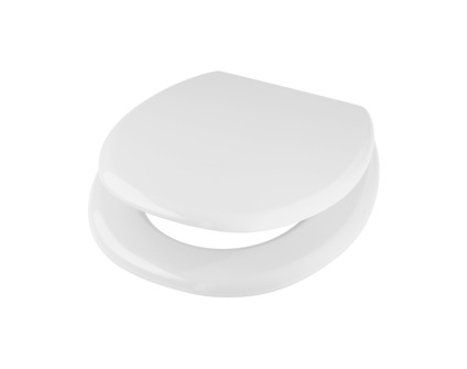 Vit toalettsits med enkel och rundad design, visad i stängd position.