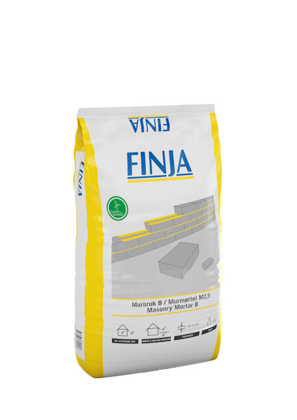 Förpackning med texten "FINJA" och "Murbruk B / Murmortel M2,5 Masonry Mortar B", med gula och vita detaljer.