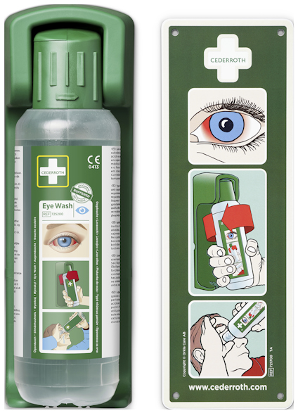 Grön väggmonterad ögonsköljstation med en flaska ögonskölj och instruktioner i illustrationer och text.