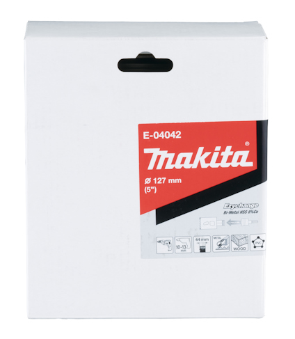 Vit förpackning med texten "Makita E-04042 Ø 127 mm (5")". Röd och svart etikett med grafiska symboler.