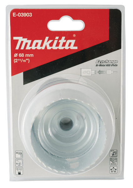 Förpackning med Makita hålsåg E-03903, 68 mm diameter.