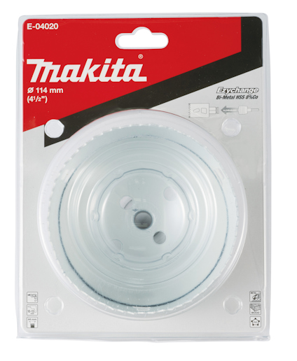 Förpackning med Makita hålsåg, modell E-04020, Ø 114 mm (4 1/2").
