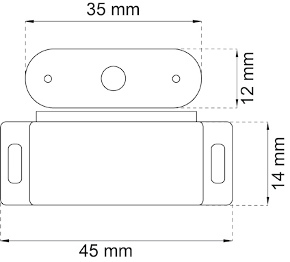 Ritning av rektangulärt objekt med måtten 45x14 mm, toppvy 35x12 mm.