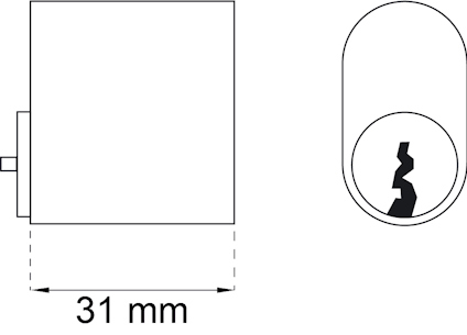 Ritning av cylinderlås i profil och frontvy, med mått 31 mm angiven i profil.