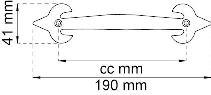 Svartvit ritning av handtag med måtten 41 mm höjd, 190 mm bredd och cc-mått.