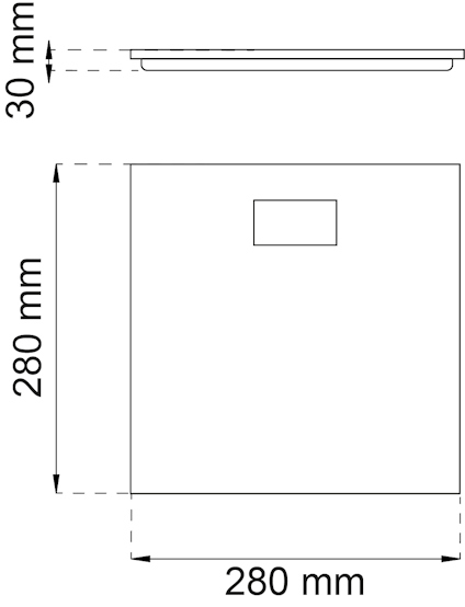 Ritning av kvadratiskt objekt 280x280 mm, höjd 30 mm, med en mindre rektangulär detalj på ovansidan.