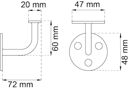 Ritning av en metallfäste med mått: 20 mm, 47 mm, 60 mm, 48 mm, 72 mm.