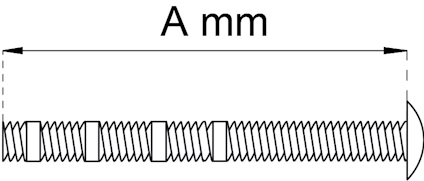 Skruv med tråd och text "A mm" markerad för längd, pilar visar riktning.