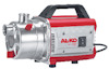 Röd och silverfärgad vattenpump med handtag och texten "AL-KO JET 3000 INOX".