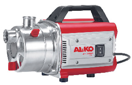 Röd och silverfärgad vattenpump med handtag och texten "AL-KO JET 3000 INOX".