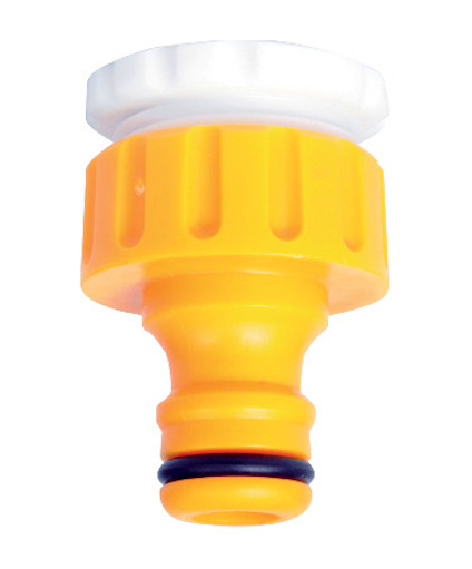 Gulgjord krankoppling med vit topp och svart O-ring mot en vit bakgrund.