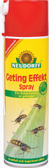 Cylinderformad sprayburk med röd och gul etikett, text "Neudorff Geting Effekt Spray" och bild av getingar.