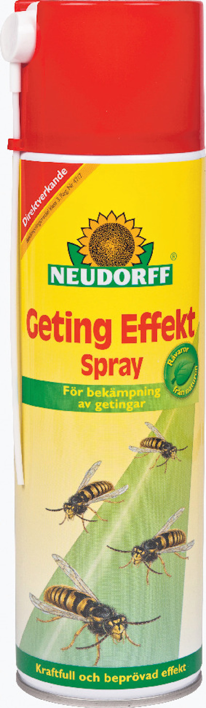 Cylinderformad sprayburk med röd och gul etikett, text "Neudorff Geting Effekt Spray" och bild av getingar.
