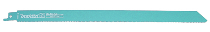 Makita tigersågblad med tandad egg, turkos färg och märkning med logotyp.