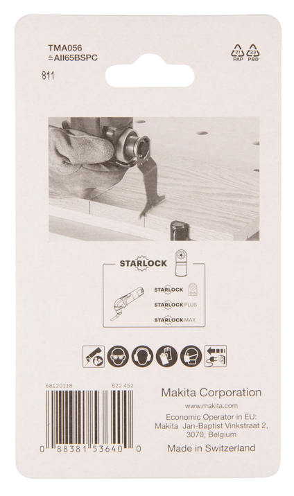 Förpackningens baksida med text och bildinstruktion för ett verktygstillbehör från Makita.