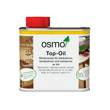 Burk med Osmo Top-Oil, hårdvaxolja för bänkskivor. Innehåller text och bild av kök.