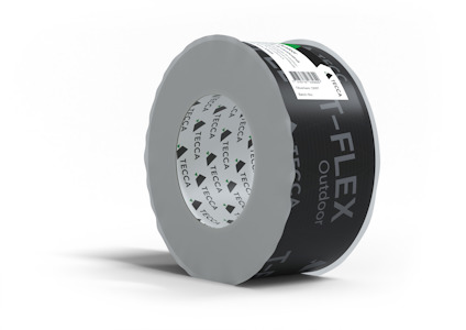 Rulle med svart tätningstejp märkt "T-FLEX Outdoor" med en vit etikett.
