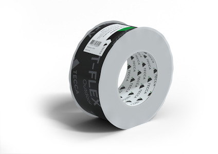 Rulle med svart och vit byggtejp med texten "TECCA T-FLEX".