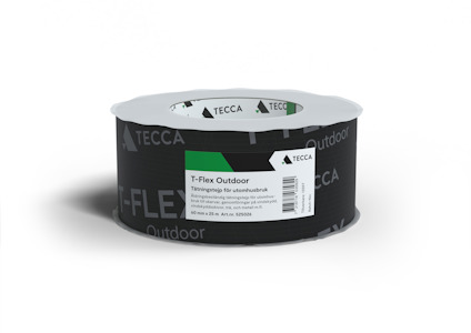 Rulle med tejp, märkt "T-Flex Outdoor" och "TECCA", avsedd för utomhusbruk, med svart bakgrund.
