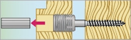 En tvärsnittsillustration av en skruv monterad i trä med ett metalldragband.