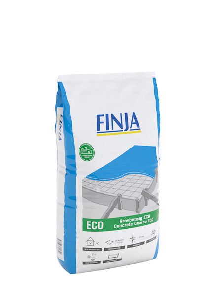 Vit och blå förpackning med texten "FINJA", "ECO" och "Grovbetong ECO Concrete Coarse".