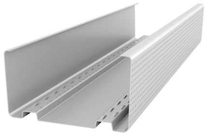 Vit perforerad metallprofil med C-formad tvärsnitt.